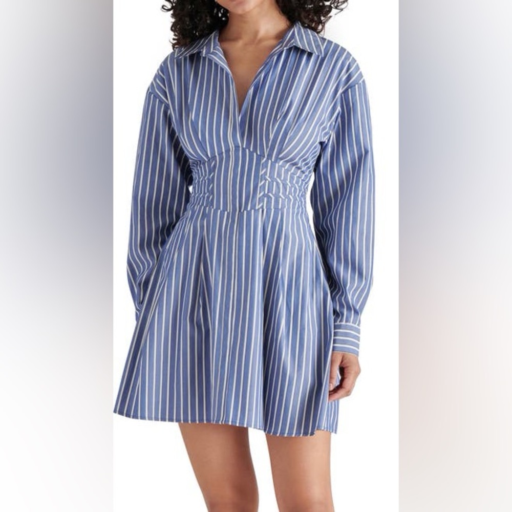 NWT - Steve Madden Aria Corset Waist Mini Shirtdress in Blue & White Size Medium